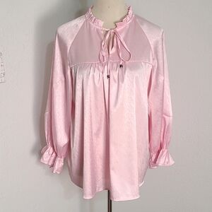 Lida Kate Pink Satin Blouse, Ruffled Standup Collar & a Tie-Neck Design Sz Large